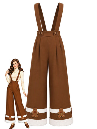 [Prévente] Pantalon marron à bretelles et motifs bonhomme en pain d’épices de Noël Années 1970 - 1