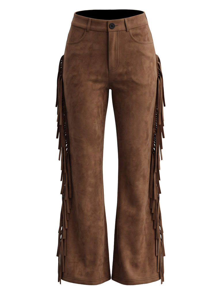 Pantalon marron évasé western en suédine à franges Années 1970 - 1