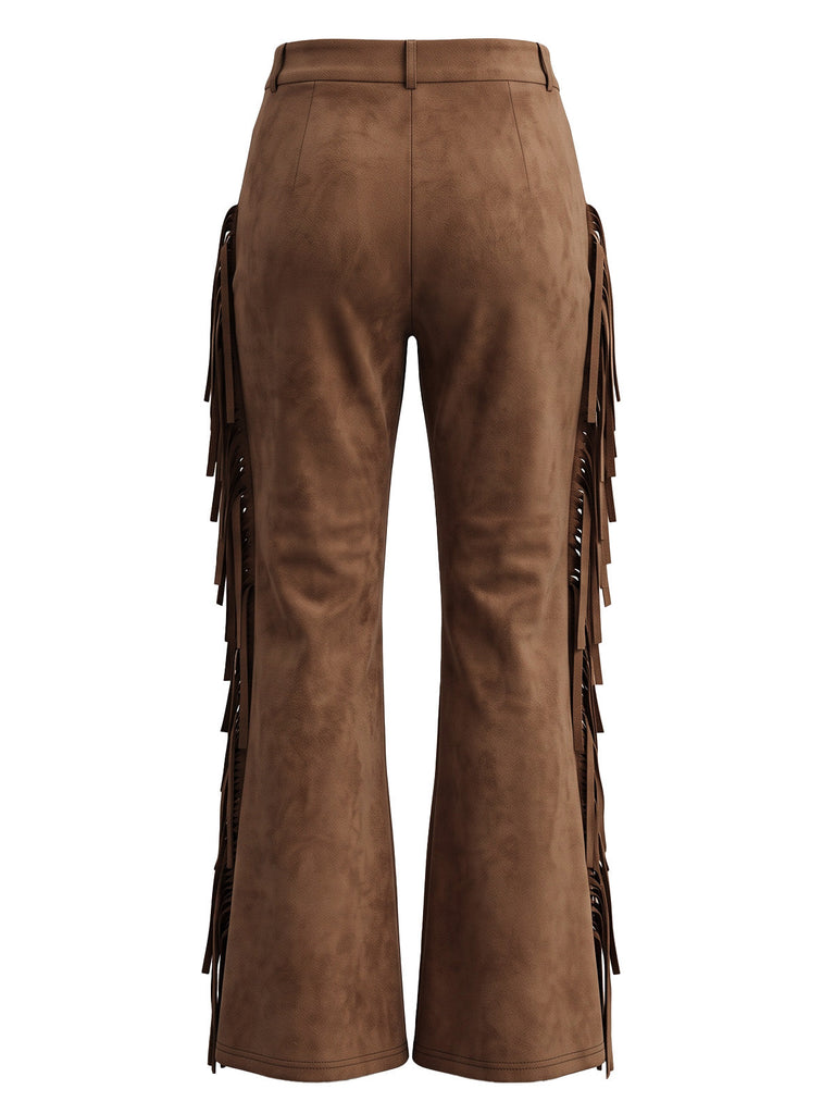 Pantalon marron évasé western en suédine à franges Années 1970 - 3