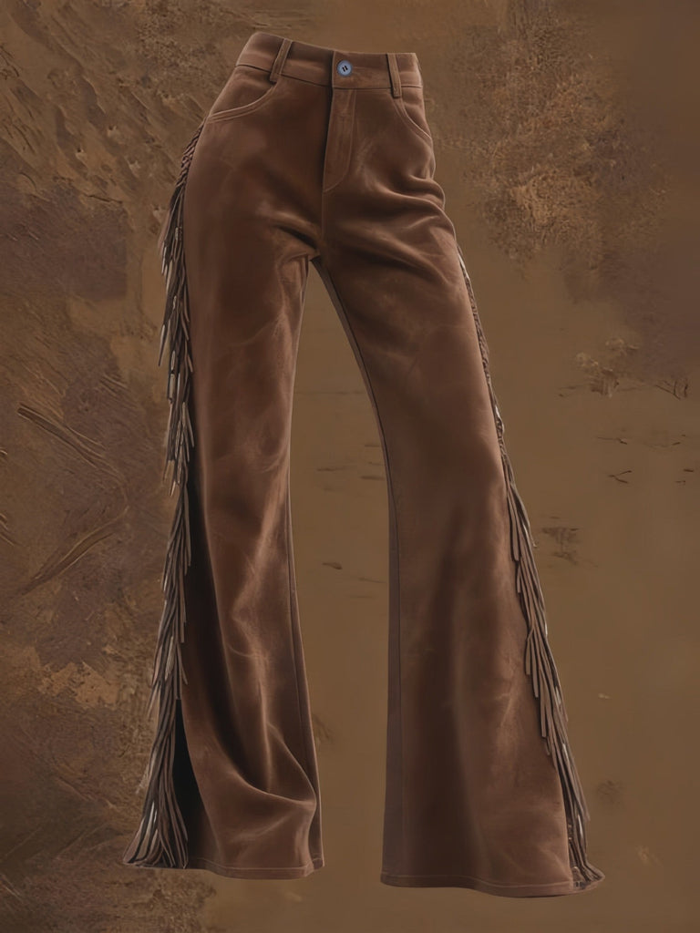 Pantalon marron évasé western en suédine à franges Années 1970 - 4