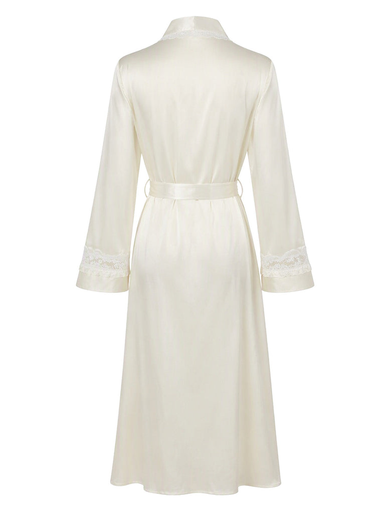 Peignoir Long Abricot en Satin Bordé de Dentelle avec Ceinture à Nouer Années 1950 - 3
