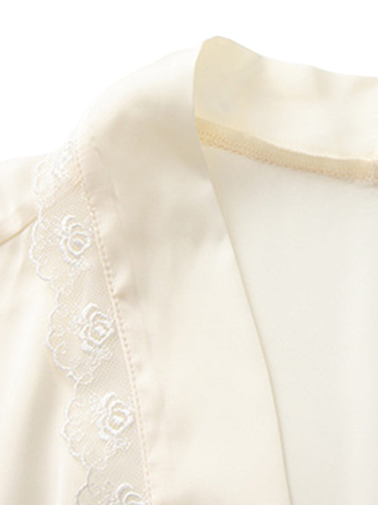 Peignoir Long Abricot en Satin Bordé de Dentelle avec Ceinture à Nouer Années 1950 - 5