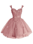 Retro pink butterfly print mini dress with glitter tulle fabric and convertible sweetheart neckline, ideal for homecoming parties and special occasions