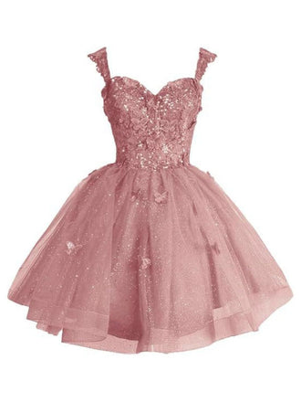 Retro pink butterfly print mini dress with glitter tulle fabric and convertible sweetheart neckline, ideal for homecoming parties and special occasions