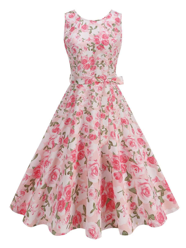 Front studio view of the pink rose floral dress highlighting the fitted bodice and flared swing-style skirt.