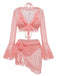 Front view of the pink lace swim set showing the tie-front bell-sleeve cardigan and sarong-style skirt.