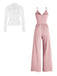 A soft dusty pink version of the high-neck lace top and matching wide-leg jumpsuit.