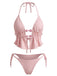 Front view of the ruffled pink bikini set with halter and side ties.