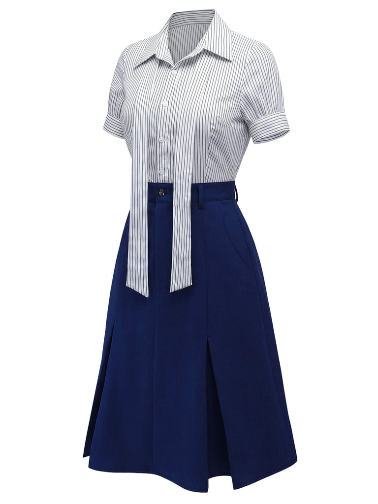 Three-quarter view of the blouse and skirt ensemble showcasing the flared hemline.
