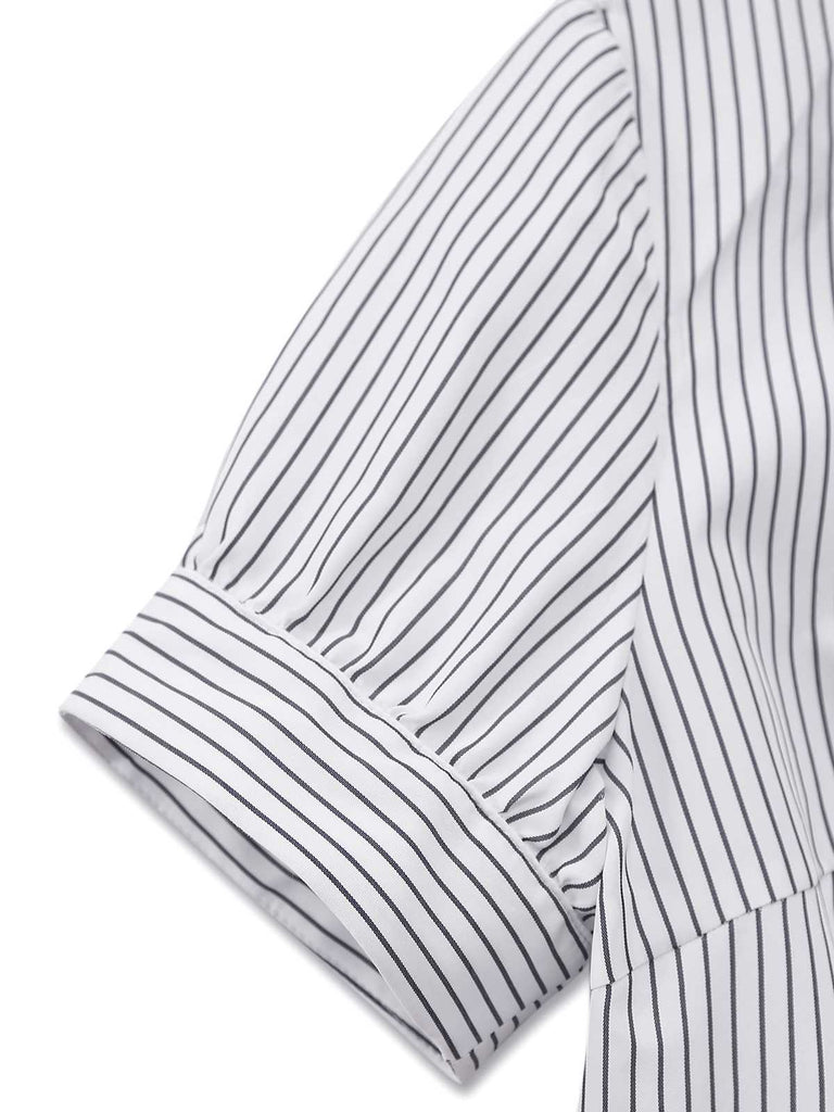 Macro shot of the pinstripe material showing the fine grey and white linear pattern.