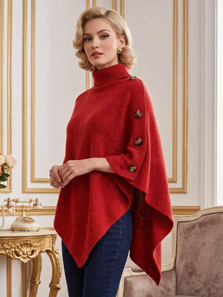 Pull Poncho Uni en Maille à Col Roulé Années 1950 - 3