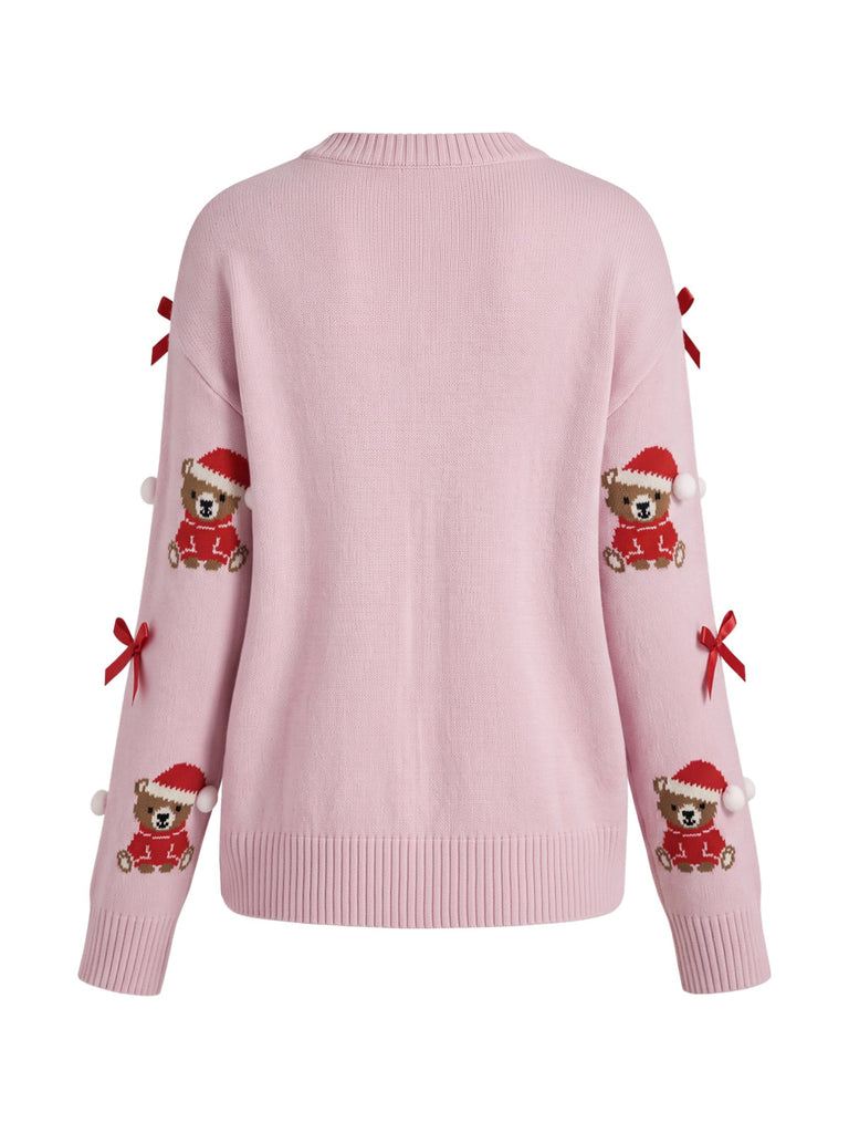 Pull rose en maille à ours en peluche et nœud de Noël Années 1960 - 3