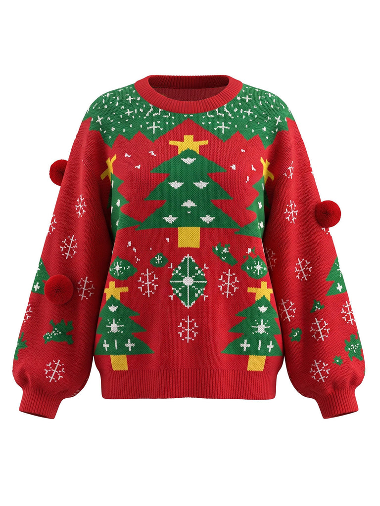 Pull Rouge de Noël à Col Rond, Sapin, Flocons et Pompons Années 1980 - 1