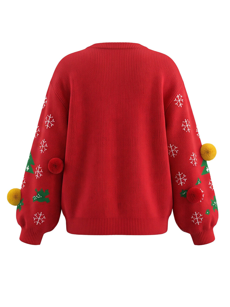 Pull Rouge de Noël à Col Rond, Sapin, Flocons et Pompons Années 1980 - 2