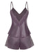 Purple satin camisole and shorts set with lace details on a white background