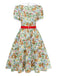 Rear view of the vintage-style dress showing the continuous bunny pattern and high-back neckline.