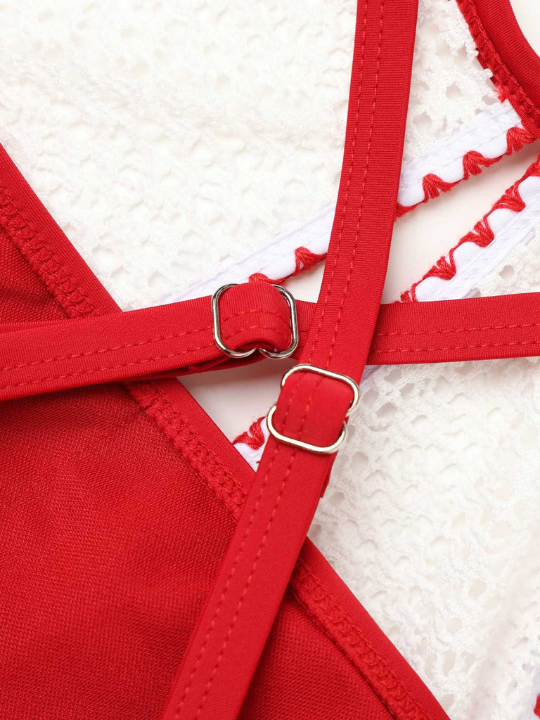 Red Swimsuit with straps on a white lace background