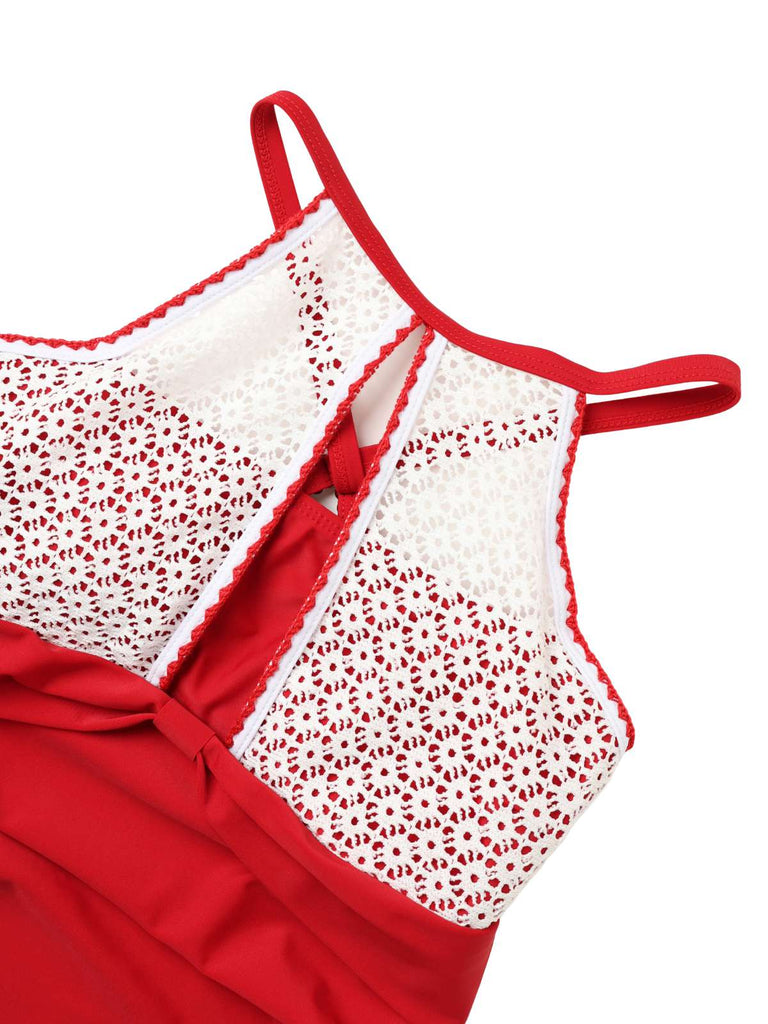 Red and white lace Swimsuit top on a white background