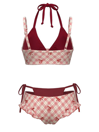 Retro Stage red plaid halter double-layer bikini set with bow details for vintage-inspired swimwear styling