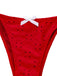 Red polka dot bikini bottom with a white bow on a white background
