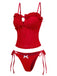 Red bikini set with ruffled details on a white background