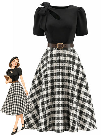 [Prévente] Robe à Carreaux, Nœud et Découpe avec Manches Bouffantes Années 1950 - 1