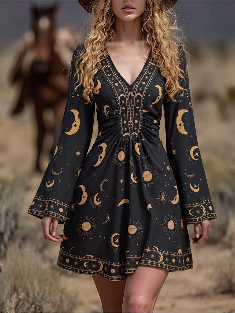 Robe à col V et manches évasées imprimé soleil céleste années 1970 - 3