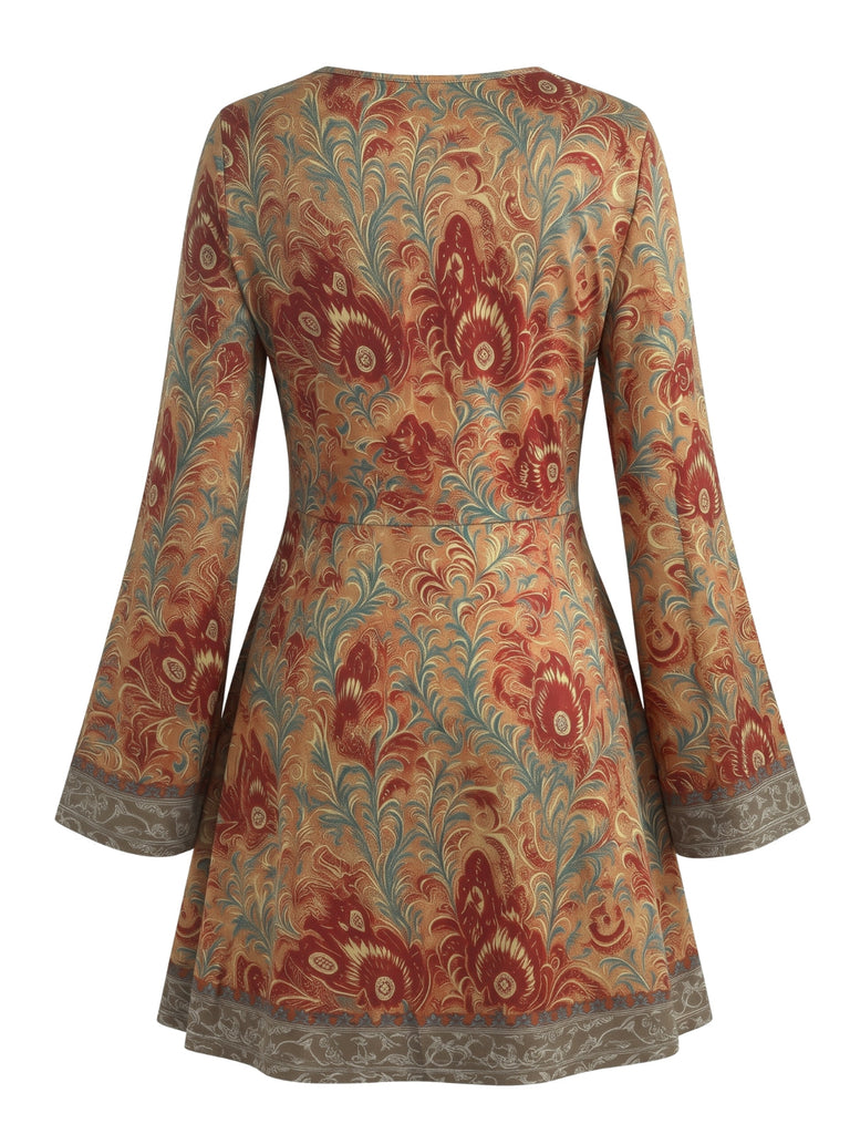 Robe à col V et manches évasées imprimé soleil céleste années 1970 - 8