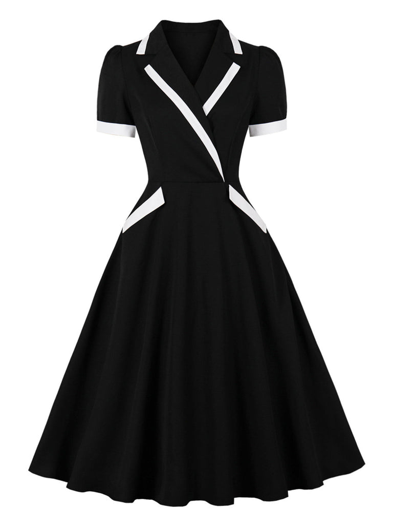 Robe à Col V Fendu, Passepoil Contrasté et Poches Années 1950 - 10