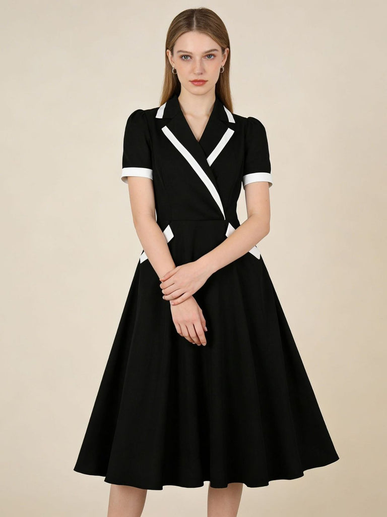 Robe à Col V Fendu, Passepoil Contrasté et Poches Années 1950 - 12