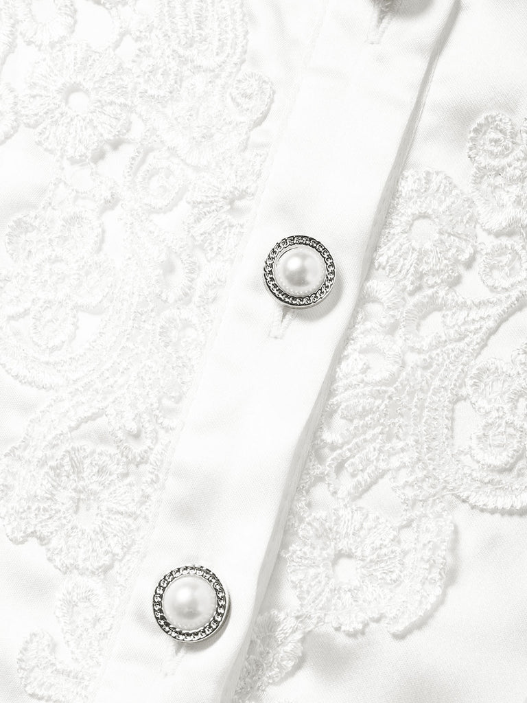[Prévente] Robe Blanche Sans Manches en Satin à Revers et Fleurs Brodées Années 1950 - 6