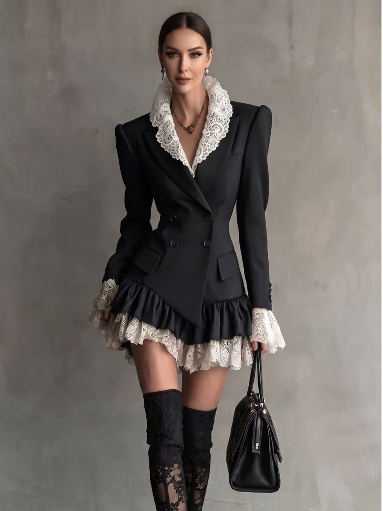 Robe blazer à col à revers en dentelle et ourlet volanté années 1960 - 4