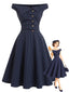 [Prévente] Robe bleu marine fines rayures épaules dénudées et boutonnée années 1950