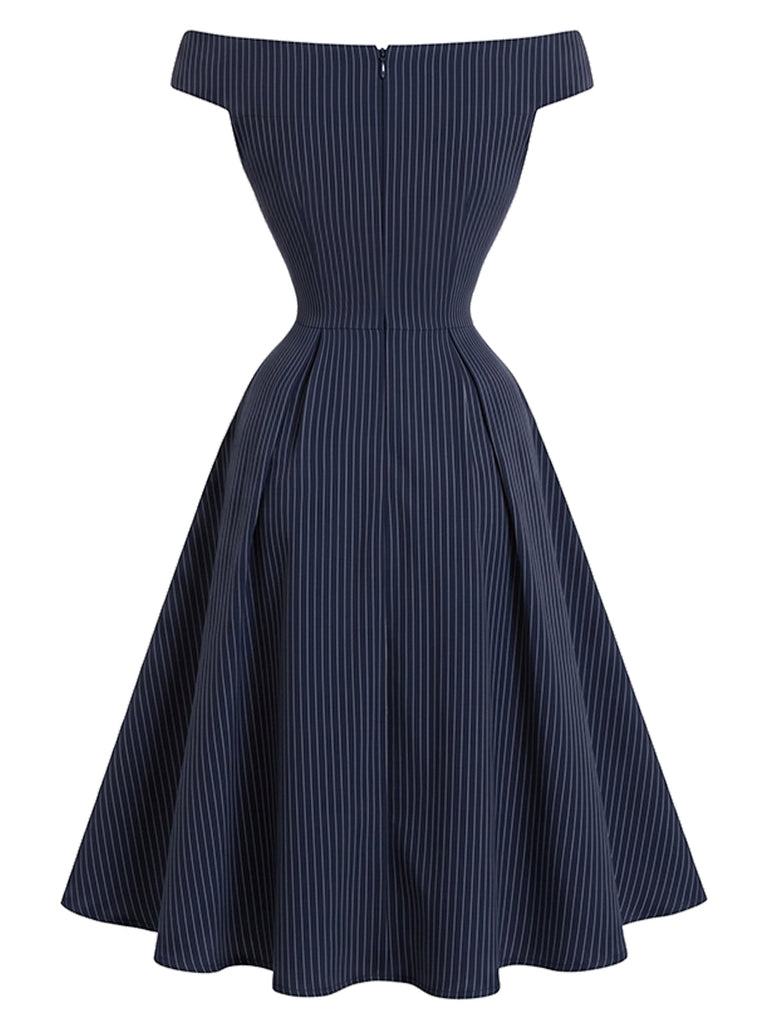 [Prévente] Robe bleu marine à fines rayures, épaules dénudées et boutons Années 1950 - 3