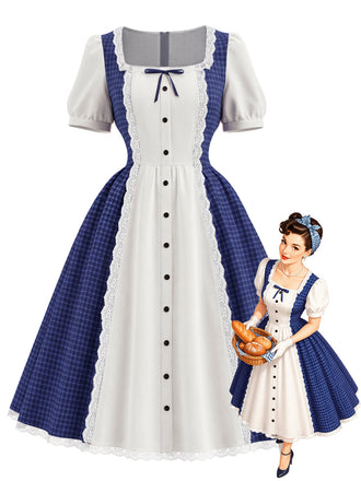[Prévente] Robe bleue à carreaux, col carré, dentelle et manches bouffantes années 1950 - 1
