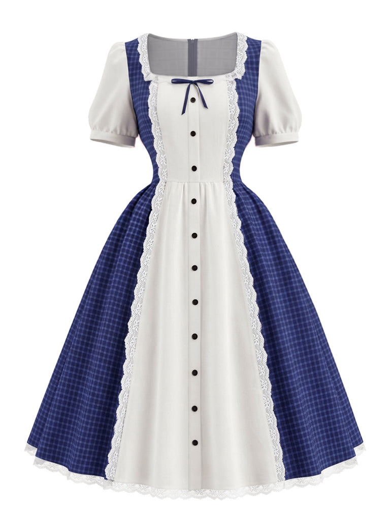 [Prévente] Robe bleue à carreaux, col carré, dentelle et manches bouffantes années 1950 - 2