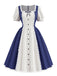 [Prévente] Robe bleue à carreaux, col carré, dentelle et manches bouffantes années 1950 - 2