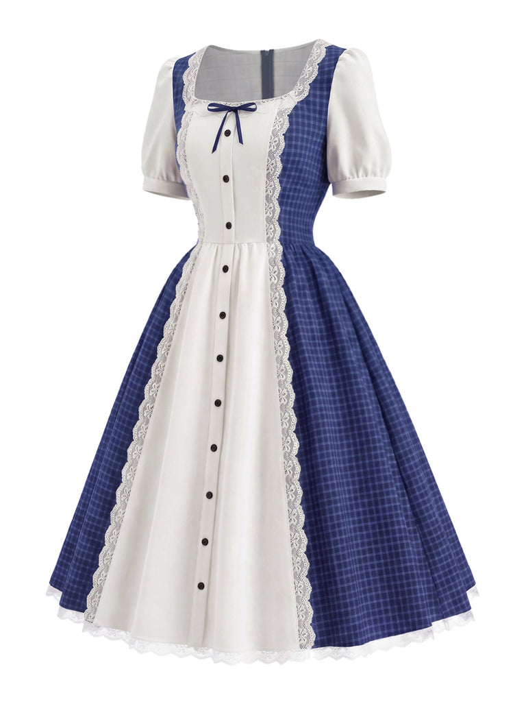 [Prévente] Robe bleue à carreaux, col carré, dentelle et manches bouffantes années 1950 - 3