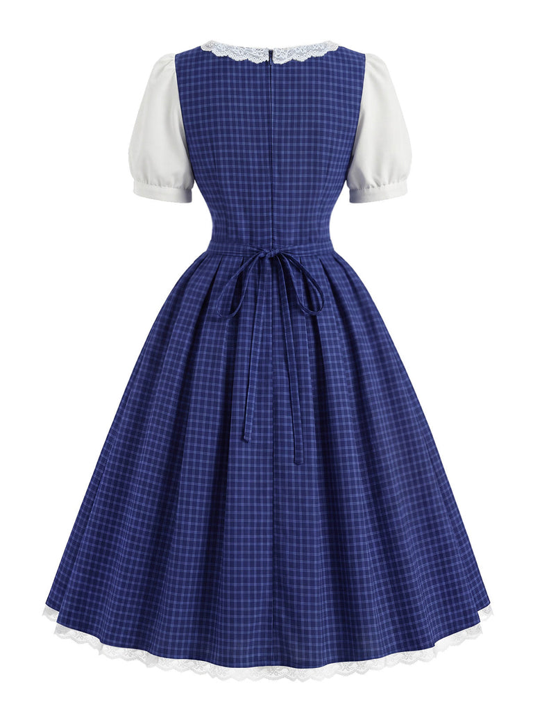 [Prévente] Robe bleue à carreaux, col carré, dentelle et manches bouffantes années 1950 - 4