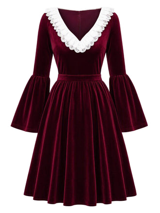 [Prévente] Robe bordeaux en velours à manches évasées Années 1950 - 2
