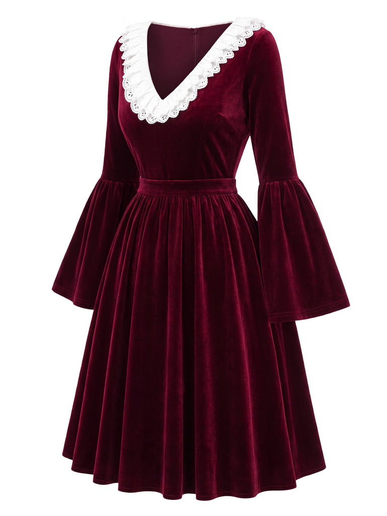 [Prévente] Robe bordeaux en velours à manches évasées Années 1950 - 3