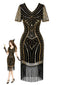 Robe charleston Art déco à sequins manches transparentes et franges années 1920