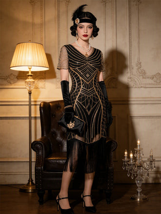 Robe charleston Art déco à sequins, col V, manches transparentes et franges années 1920 - 2
