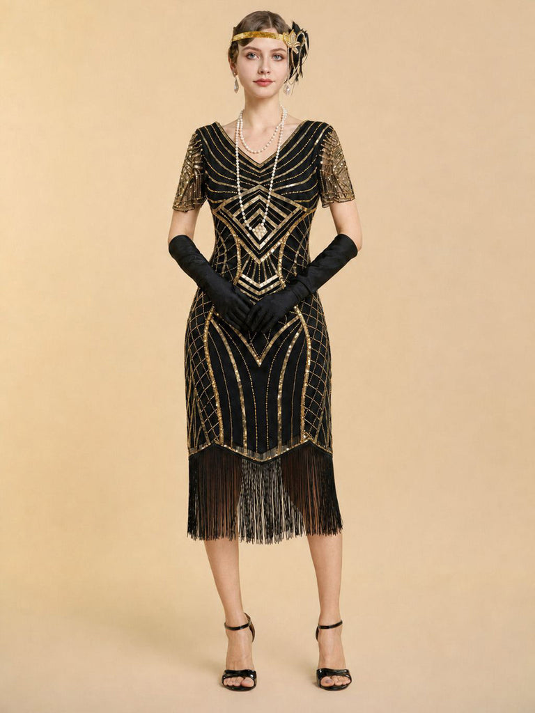 Robe charleston Art déco à sequins, col V, manches transparentes et franges années 1920 - 6