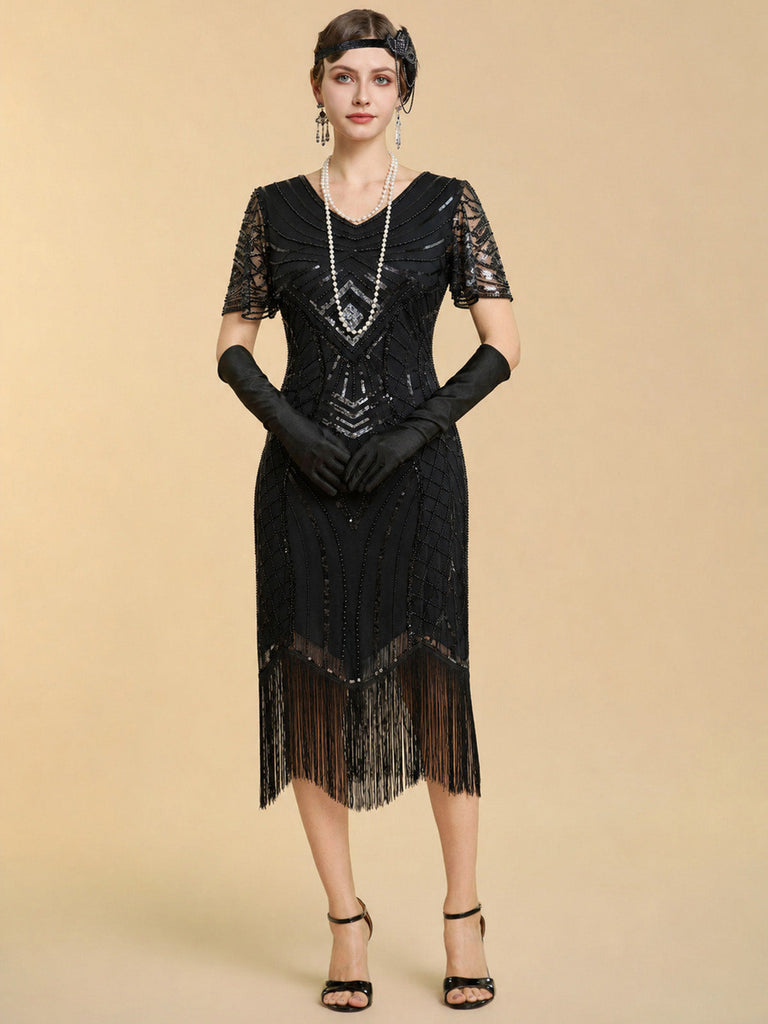 Robe charleston Art déco à sequins, col V, manches transparentes et franges années 1920 - 7