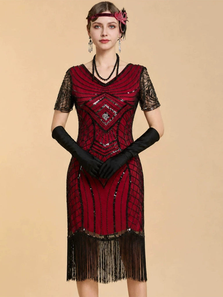 Robe charleston Art déco à sequins, col V, manches transparentes et franges années 1920 - 8