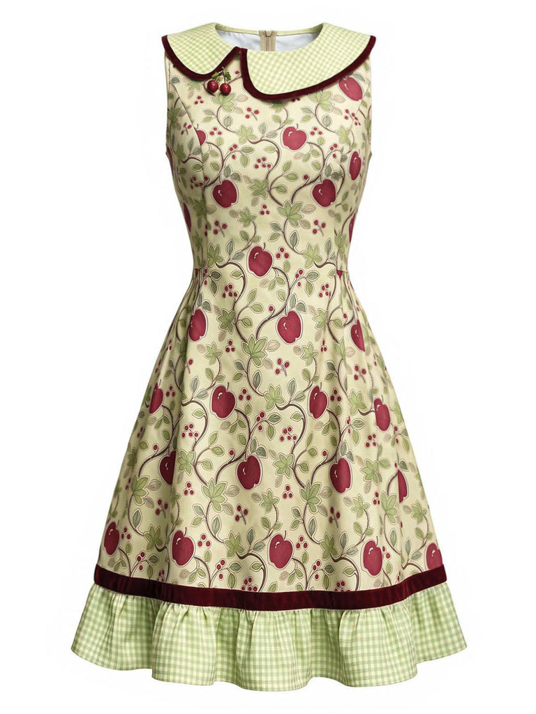 [Prévente] Robe Chartreuse à Carreaux et Cerises Rouges avec Ourlet Plissé Années 1960 - 2