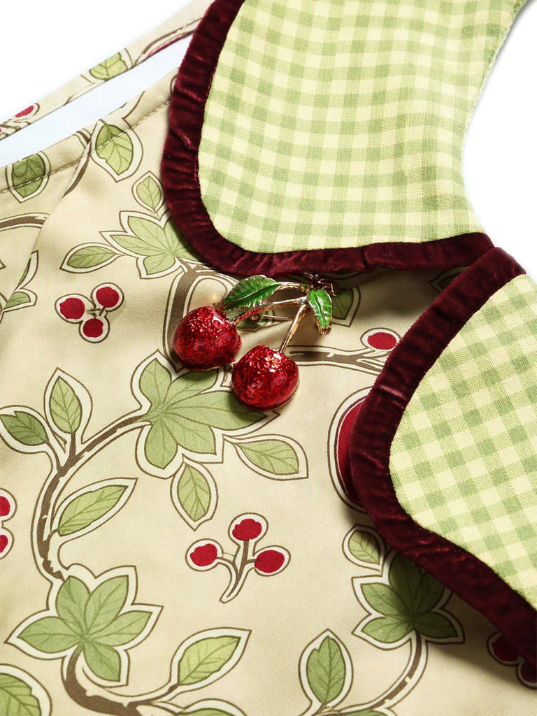 [Prévente] Robe Chartreuse à Carreaux et Cerises Rouges avec Ourlet Plissé Années 1960 - 5
