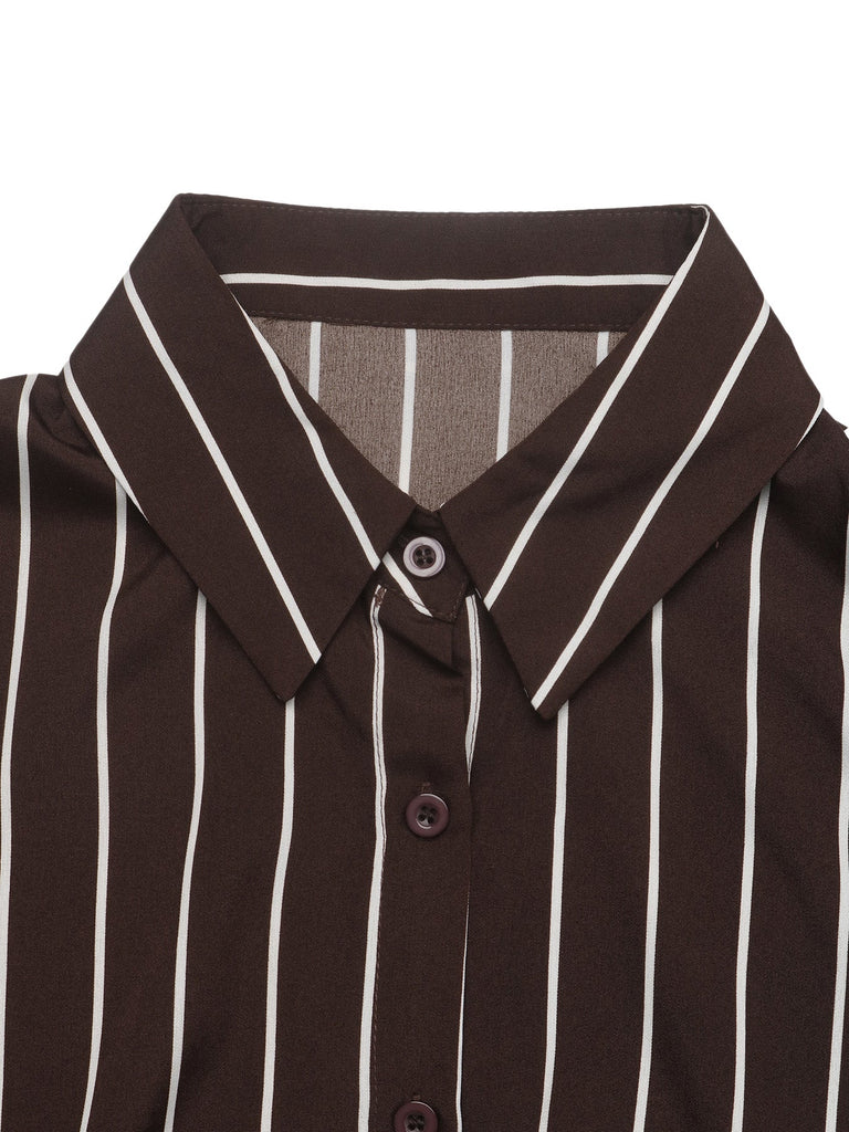 Robe Chemise Marron Foncé Rayée à Boutons et Ceinture Années 1970 - 4
