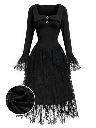 [Prévente] Robe corset noire gothique victorienne à dentelle et volants Années 1970 - 2